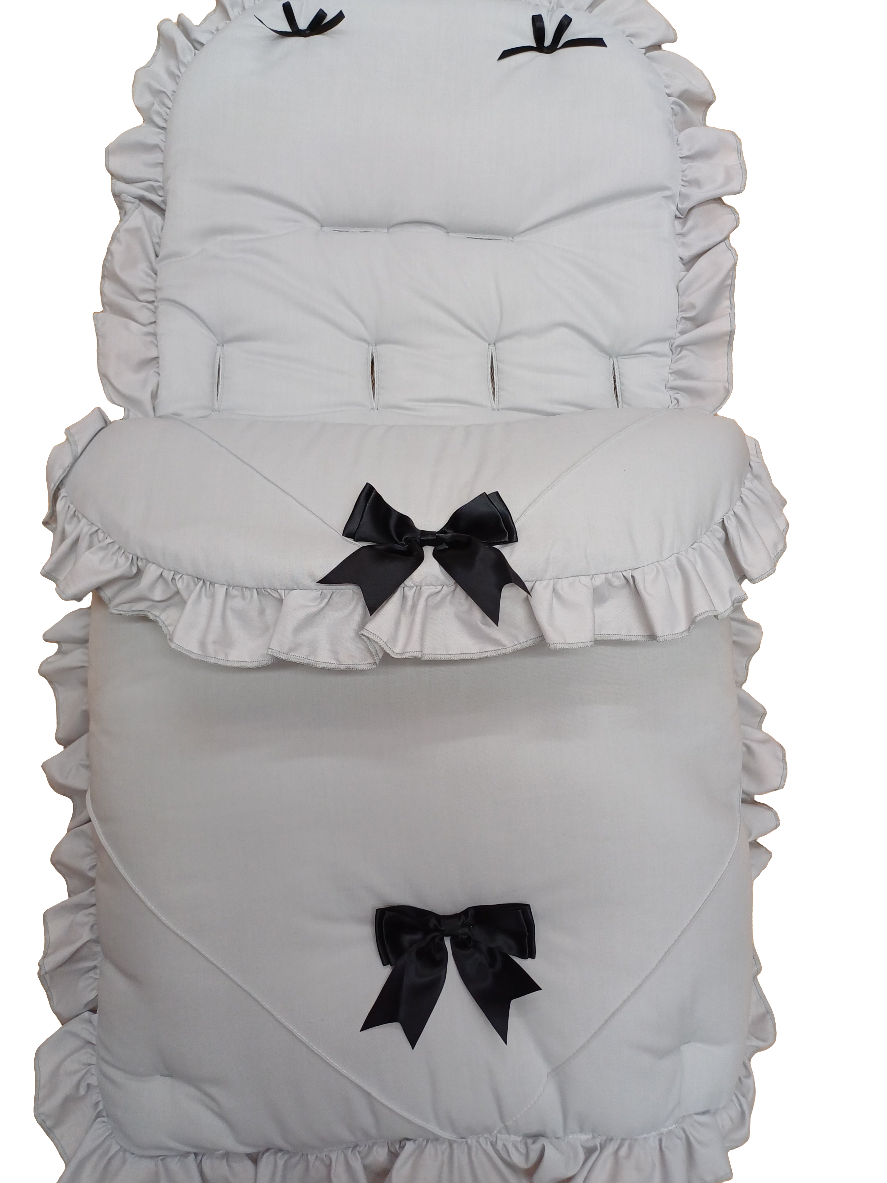 Baby Boys or girls universal pram cosytoes / footmuff / pram set colour grey / black bows