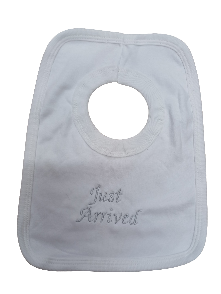 Baby bibs embroidered with just arrive on various colours to choose from 100% cotton