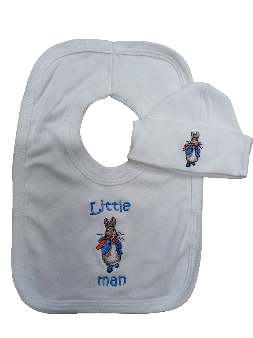Baby Boys 100% soft cotton bib and hat set embroidered with peter rabbit size newborn
