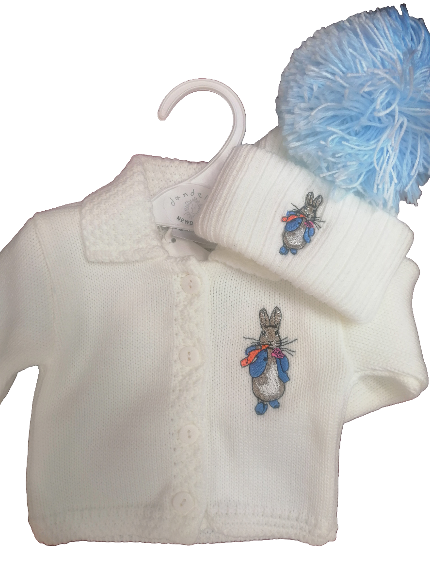 Dandelion boys or girls cardie set with pom hat embroidered with peter rabbit or jemima puddle duck