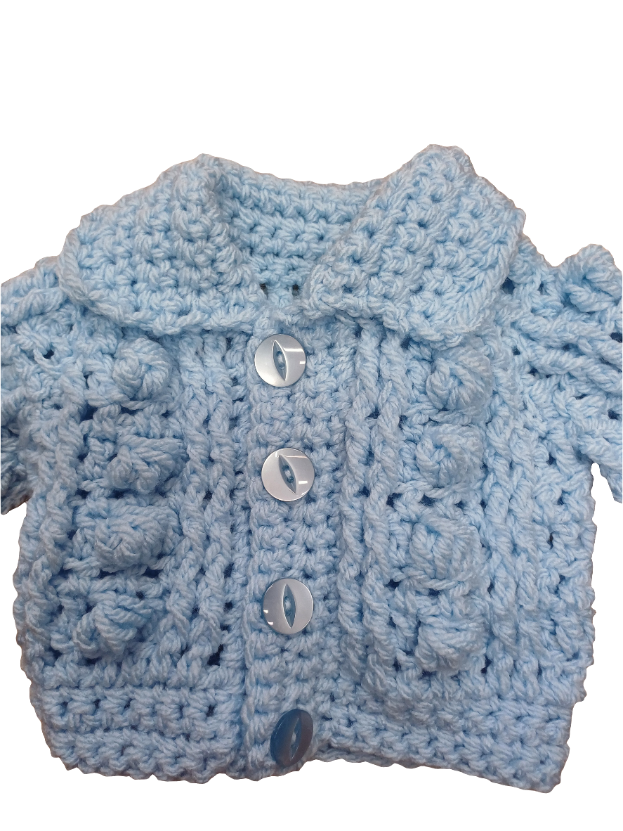 Babys handmade crocheted cardigan and pom hat set