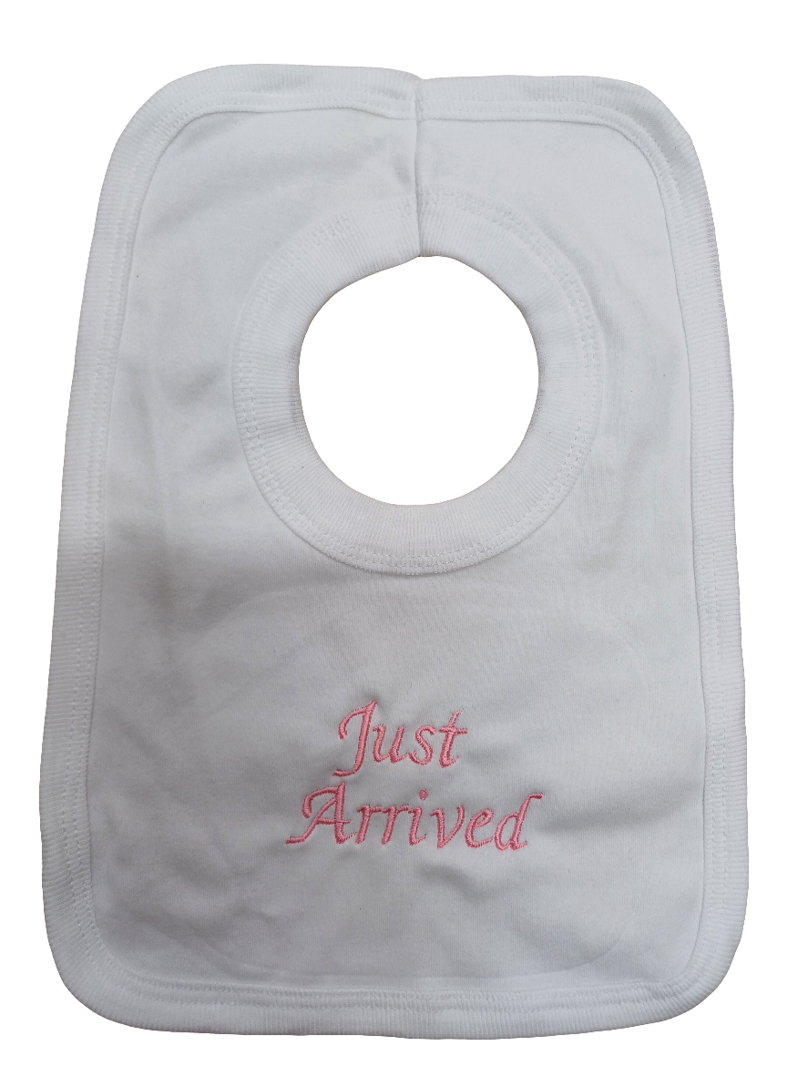 Baby bibs embroidered with just arrive on various colours to choose from 100% cotton