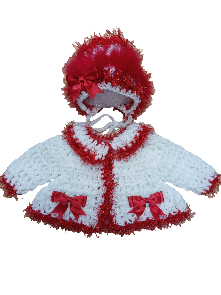 Baby girls handmade crochet pretty cardigan and bonnet set size 0 / 3. Months