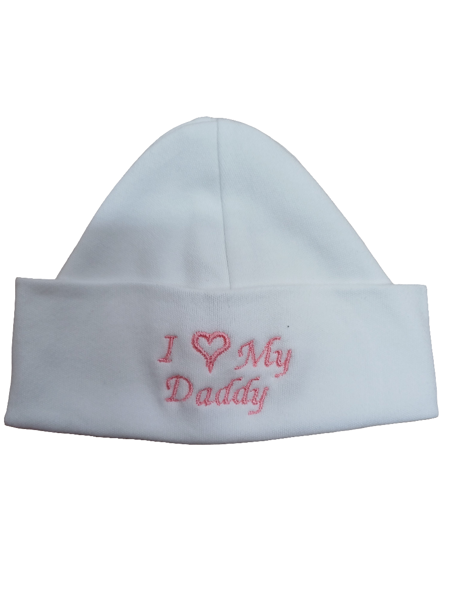 Baby girls 100% soft cotton bib and hat set embroidered with I love my daddy colour white / pink size newborn