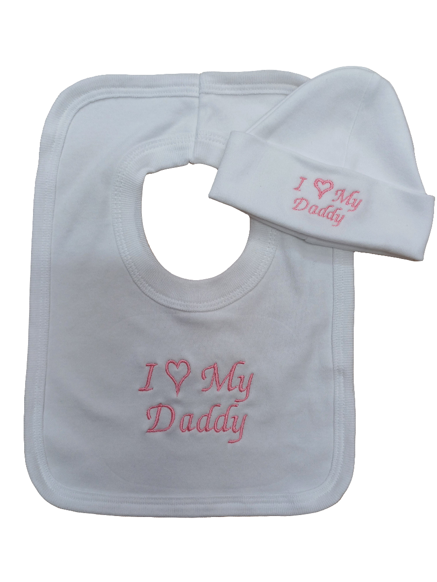 Baby girls 100% soft cotton bib and hat set embroidered with I love my daddy colour white / pink size newborn