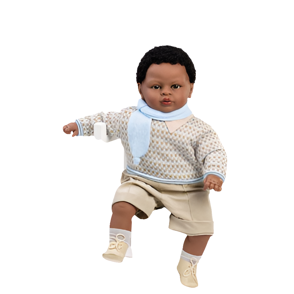 Spanish toddler crying black doll in knitted jumper and shorts size 62cm