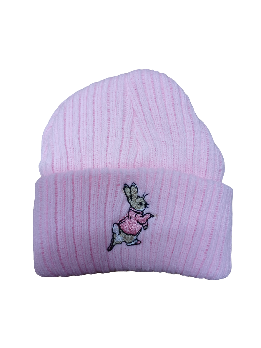 Baby Boys or girls knitted beanie hat embroidered with peter rabbit various colours to choose from size newborn