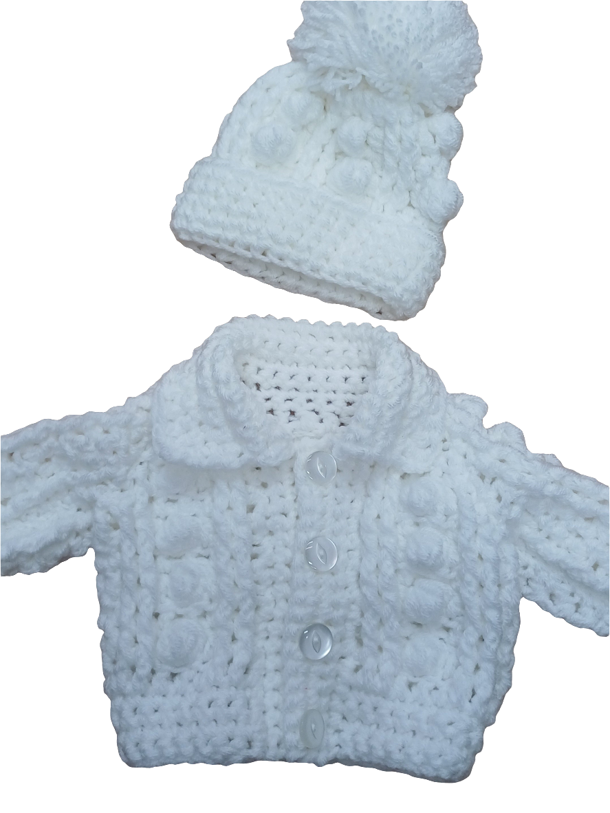 Babys handmade crocheted cardigan and pom hat set