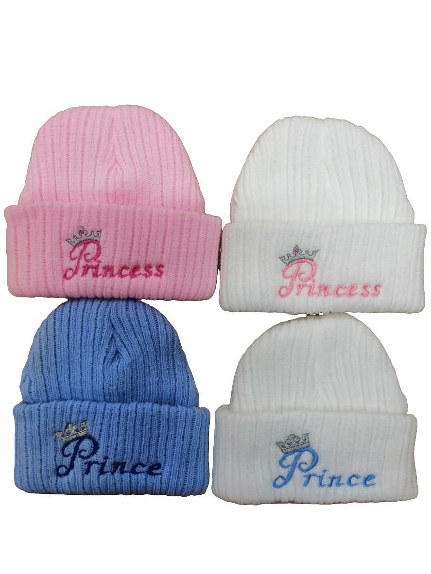 beautiful baby beanie hat embroidered with prince or princess newborn size