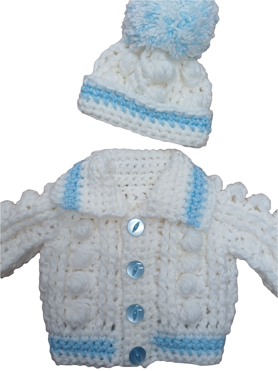 Babys handmade crocheted cardigan and pom hat set