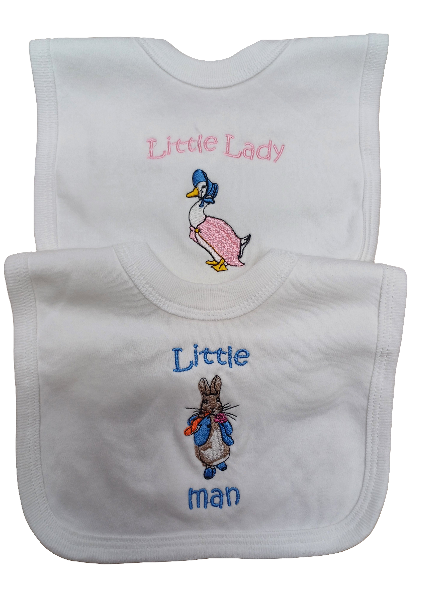 Baby Boys or girls 100% soft cotton bib embroidered with peter rabbit or jemima puddle duck