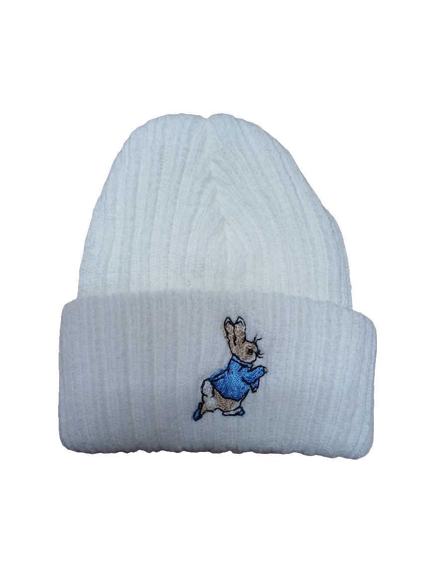 Baby Boys or girls knitted beanie hat embroidered with peter rabbit various colours to choose from size newborn