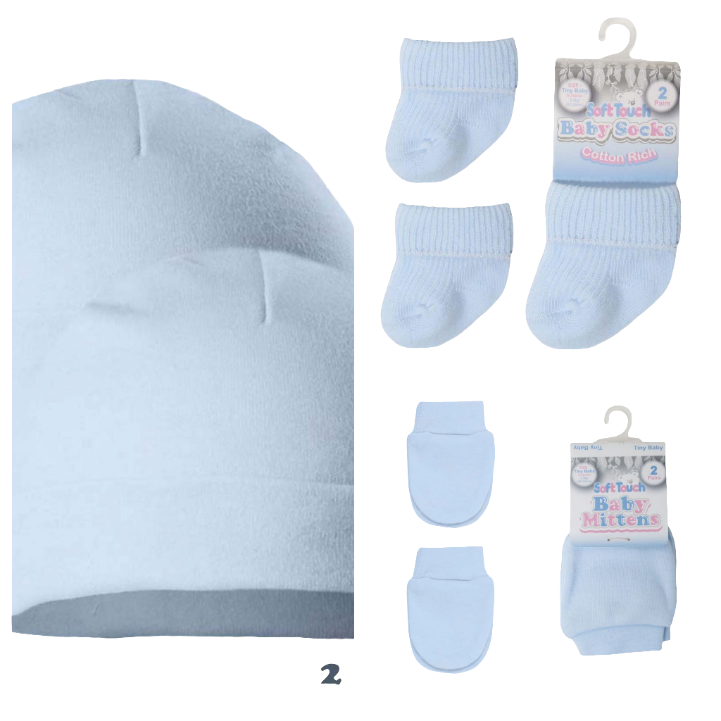 Premature boys set 2 x cotton hats 2 x socks and 2 x pairs of scratch mitts