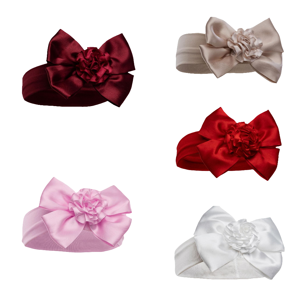 Baby girls stretch headband with satin bow and flower comes in various colours