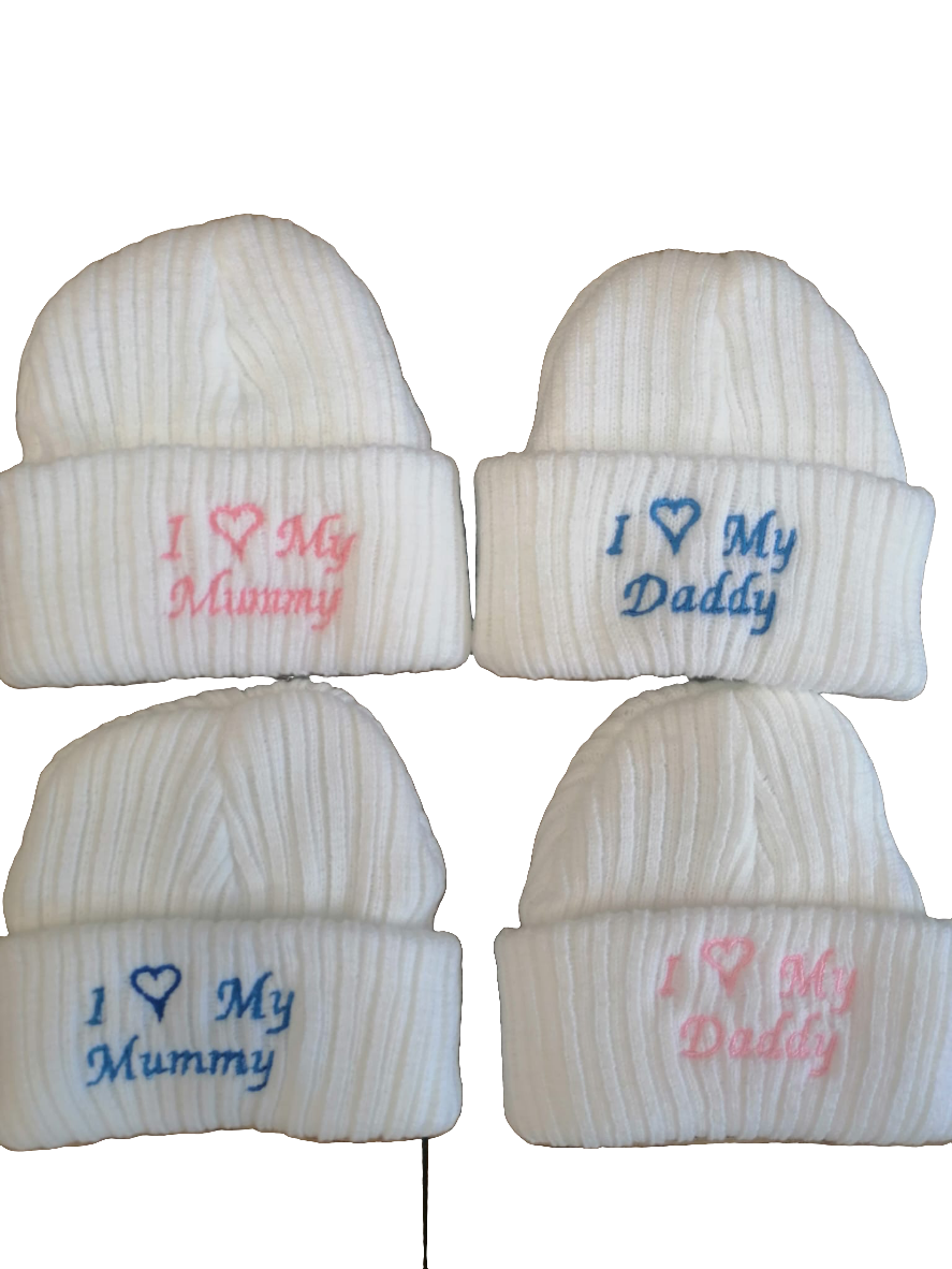 beautiful baby beannie hat embroidered with i love my mummy or daddy newborn size