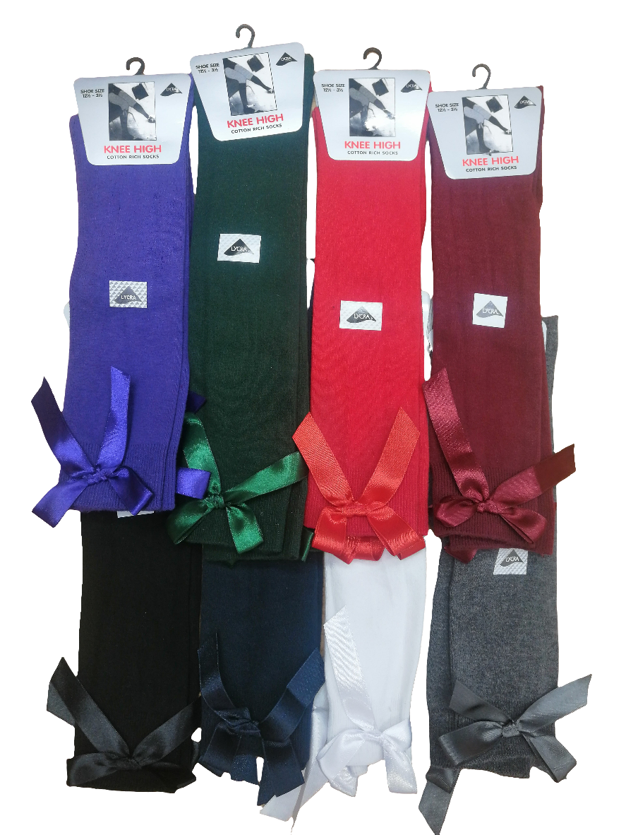 Back to school knee high socks with bows 3 pairs in a pack various colours to choose from and sizes