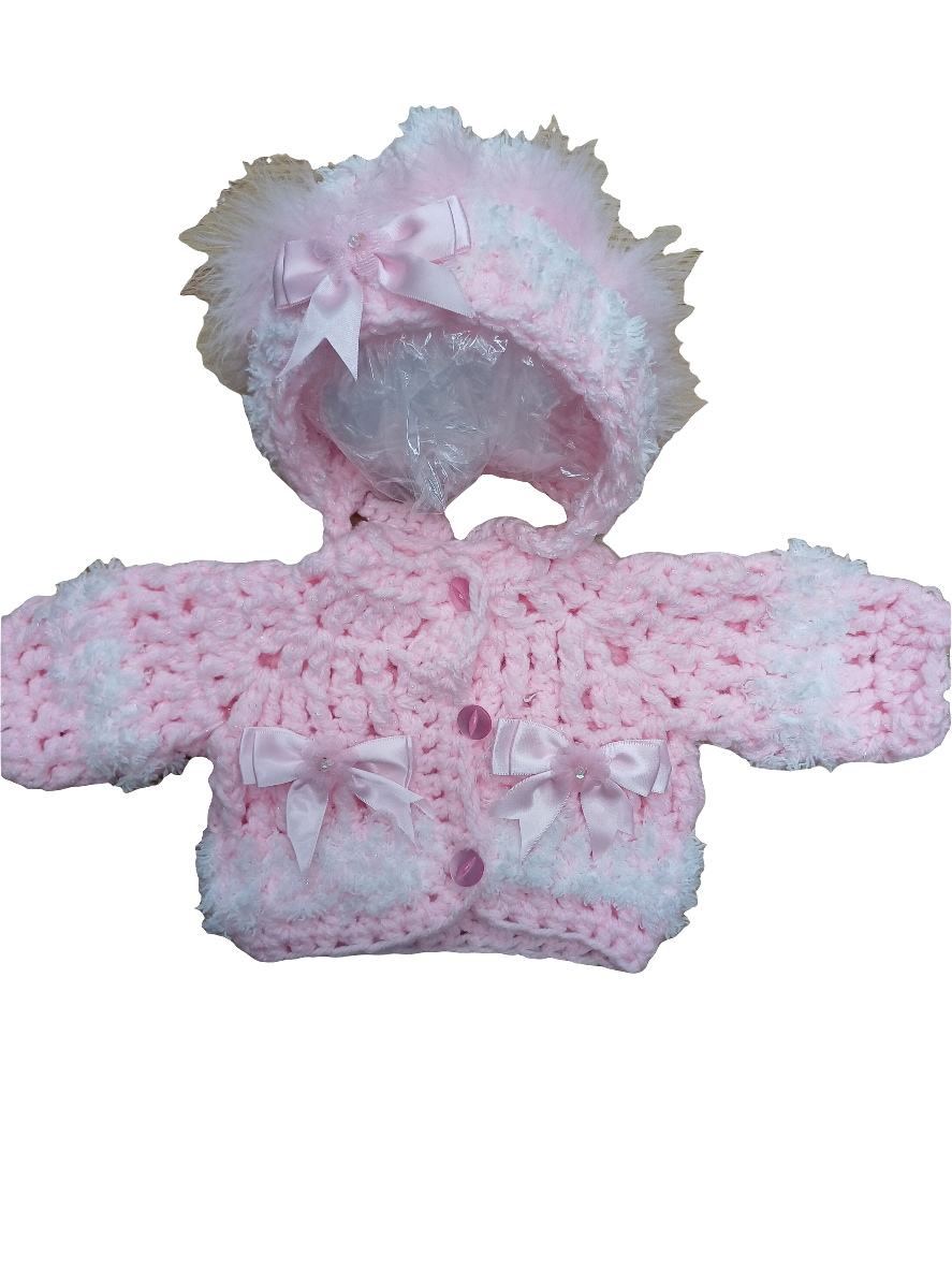 Baby girls handmade crochet pretty cardigan and bonnet set size newborn