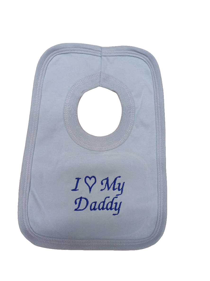 Baby Boys or girls 100% soft cotton bib embroidered with I love my mummy or daddy various colours to choose from