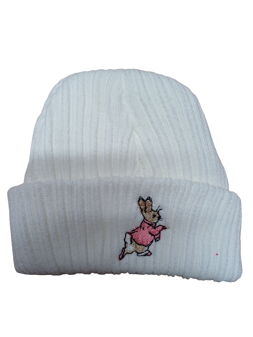 Baby Boys or girls knitted beanie hat embroidered with peter rabbit various colours to choose from size newborn