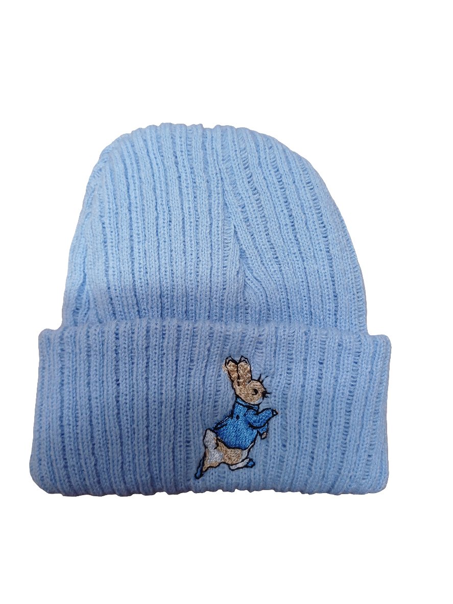Baby Boys or girls knitted beanie hat embroidered with peter rabbit various colours to choose from size newborn