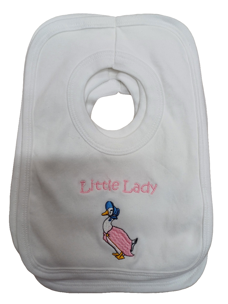 Baby Boys or girls 100% soft cotton bib embroidered with peter rabbit or jemima puddle duck