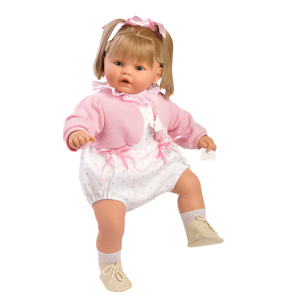 Spanish toddler crying doll in cardie and beuatiful romper size 62 cm