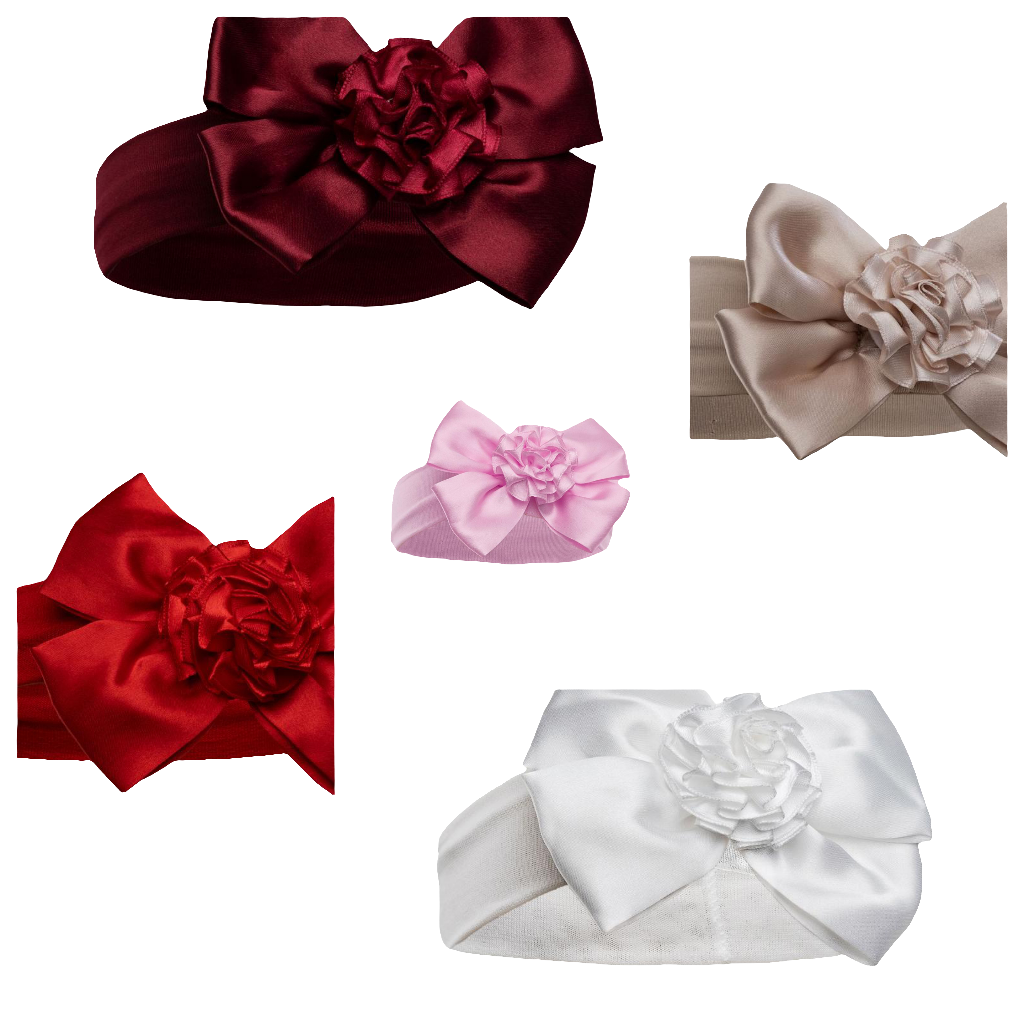 Baby girls stretch headband with satin bow and flower comes in various colours