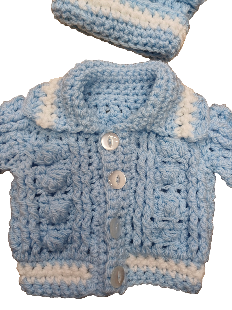 Babys handmade crocheted cardigan and pom hat set