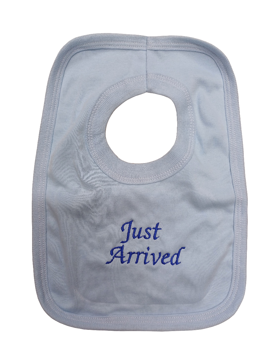 Baby bibs embroidered with just arrive on various colours to choose from 100% cotton