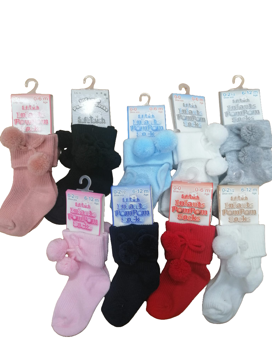Babys boys and girls ankle pom pom socks sizes newborn to 2 years various colours to choose from