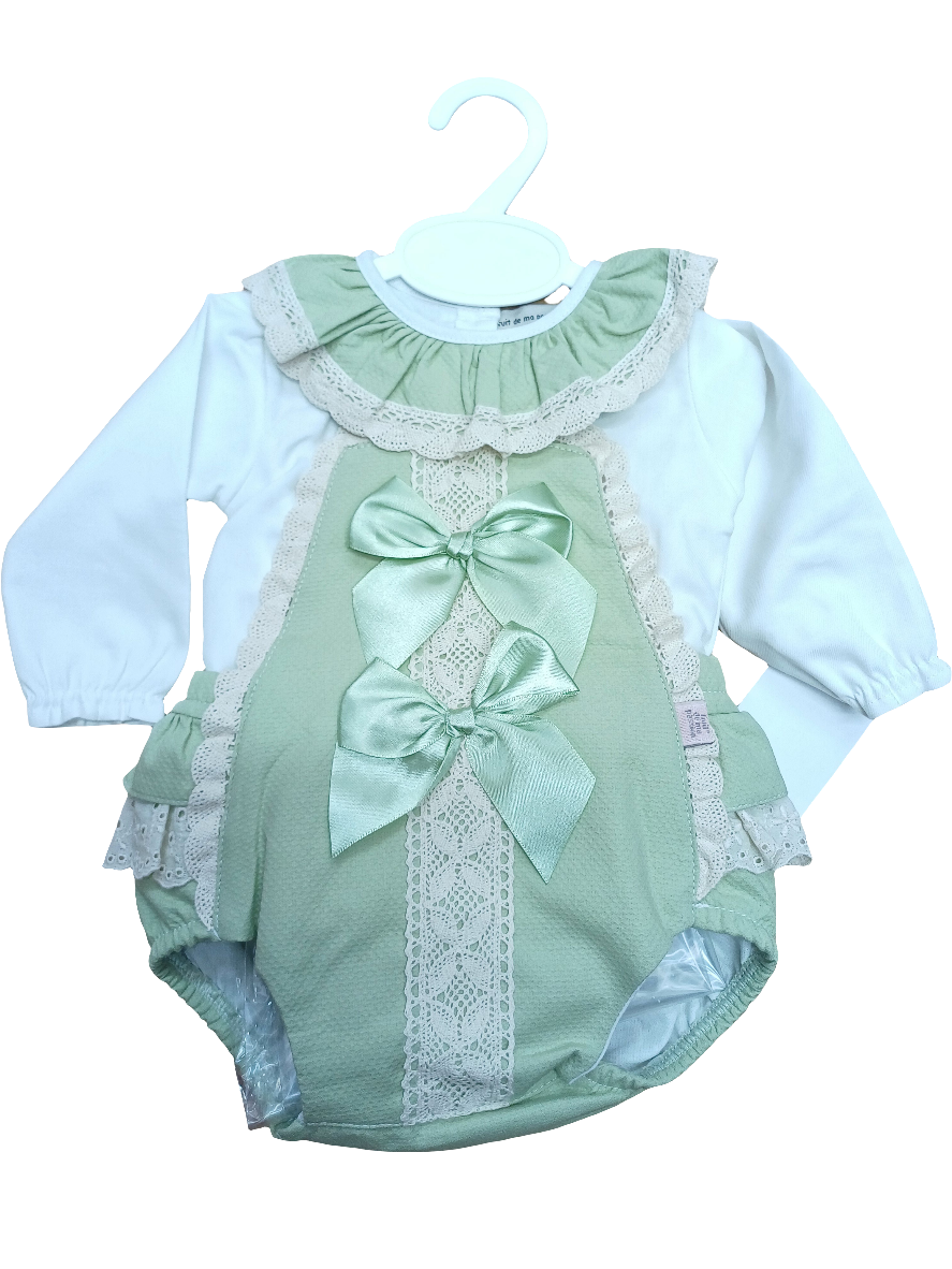 Girls sage green ribbon romper with bows