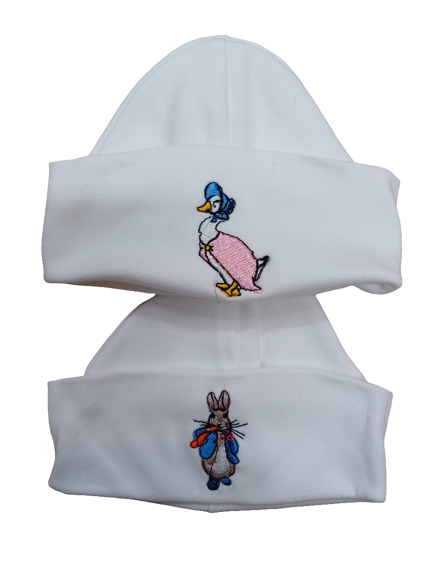 Baby Boys or girls 100 % soft cotton hat embroidered with peter rabbit or jemima puddle duck size newborn