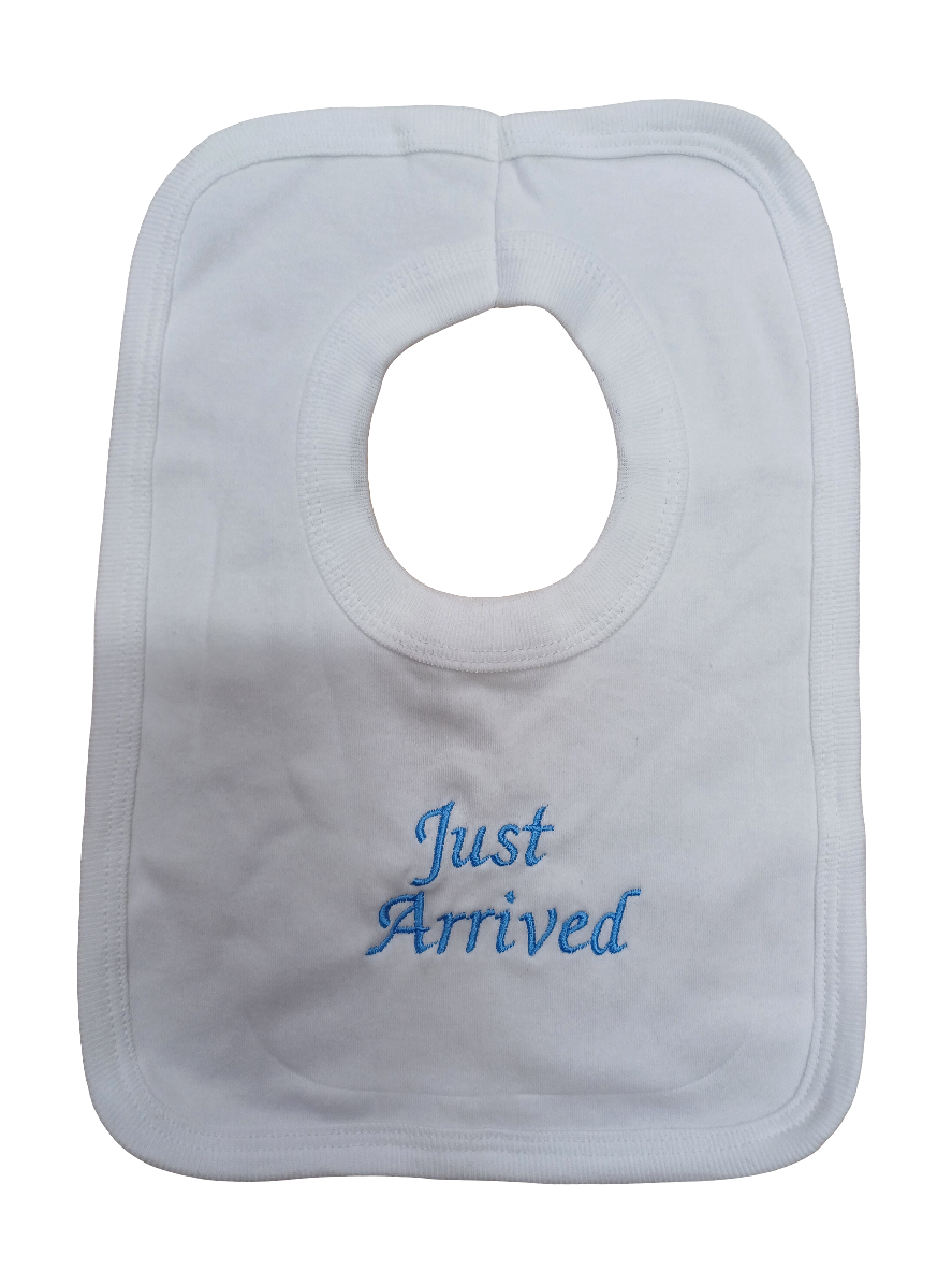 Baby bibs embroidered with just arrive on various colours to choose from 100% cotton