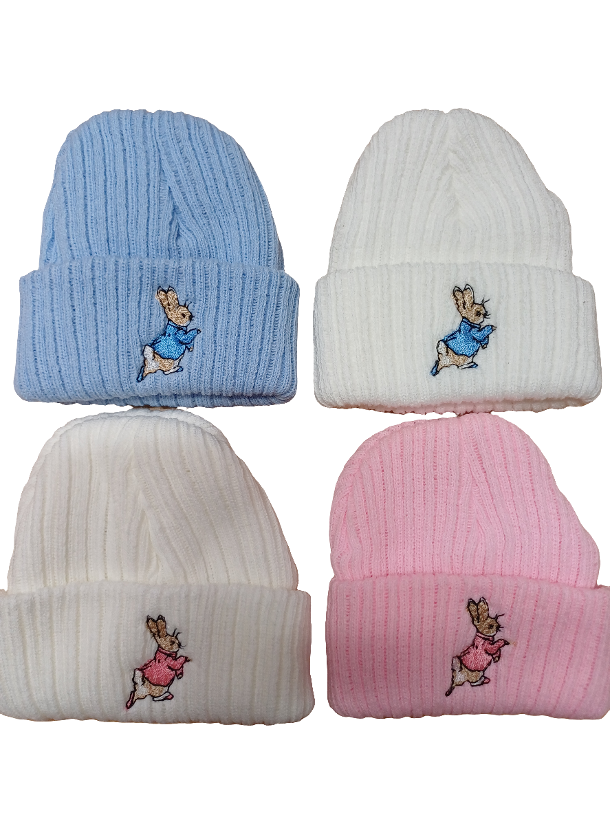 Baby Boys or girls knitted beanie hat embroidered with peter rabbit various colours to choose from size newborn