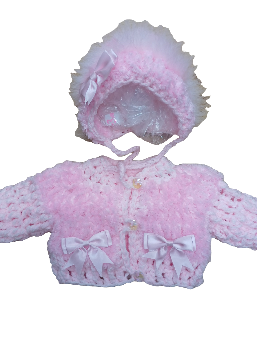 Baby girls handmade crochet pretty cardigan and bonnet set size newborn
