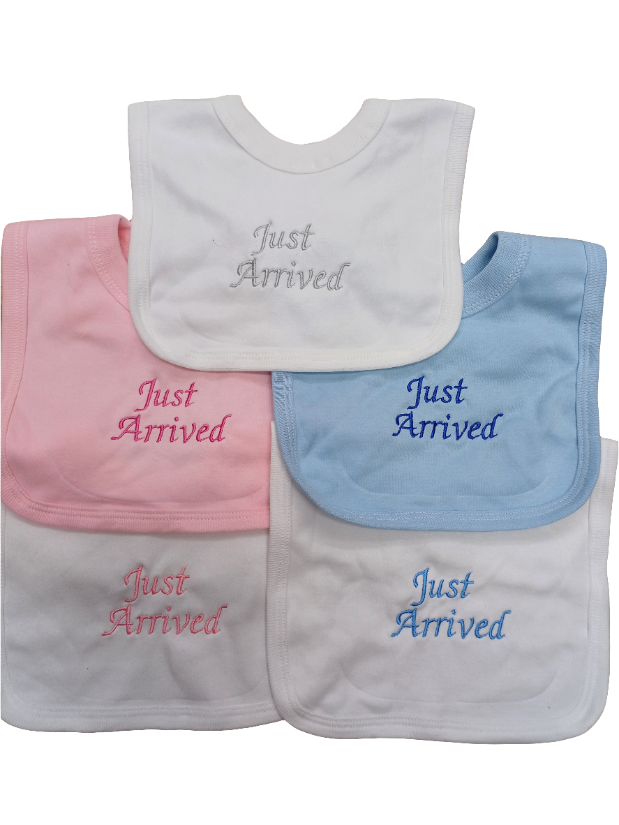 Baby bibs embroidered with just arrive on various colours to choose from 100% cotton