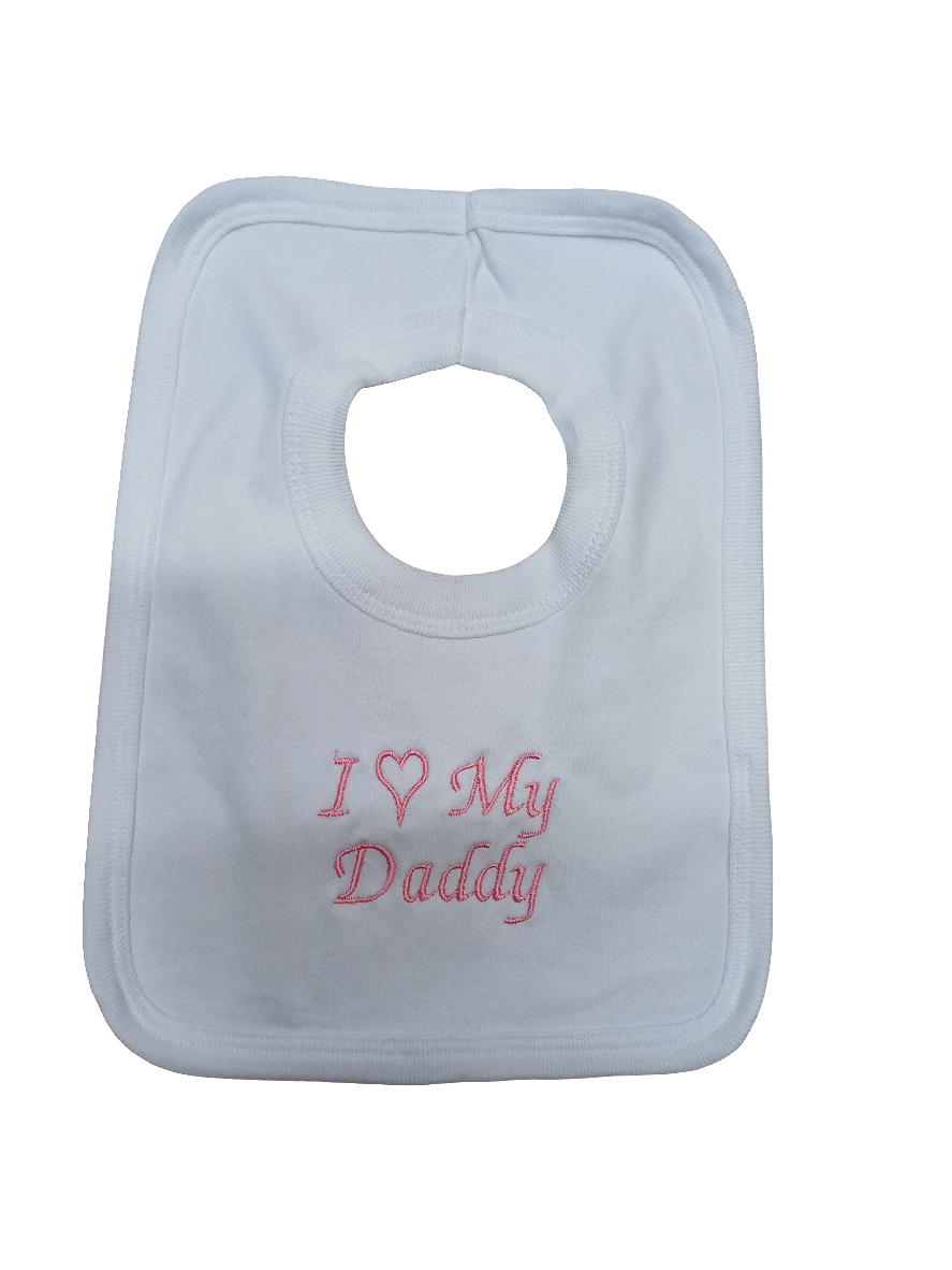 Baby girls 100% soft cotton bib and hat set embroidered with I love my daddy colour white / pink size newborn