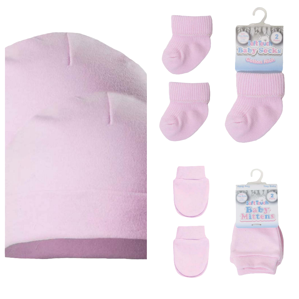 Premature girls set 2 x cotton hats 2 pairs of socks and 2 pairs of scratch mitts