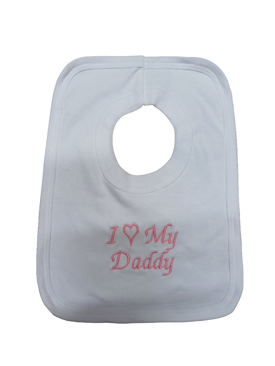 Baby Boys or girls 100% soft cotton bib embroidered with I love my mummy or daddy various colours to choose from