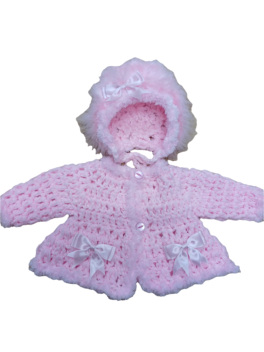 Baby girls handmade crochet pretty cardigan and bonnet set size newborn to 3 months
