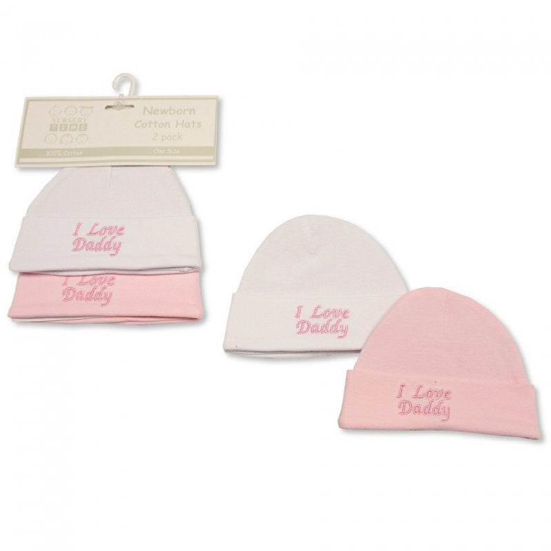 Twin pack of baby girl's cotton hats embroidered with I love my daddy