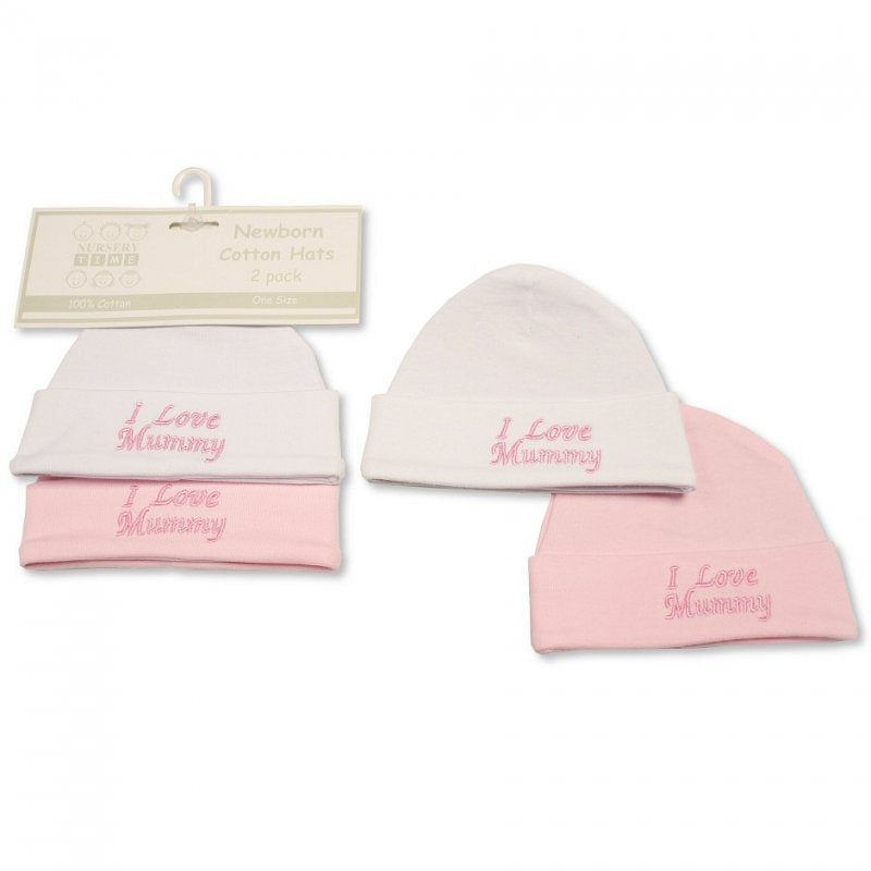 Twin pack of baby girl's cotton hats embroidered with I love my mummy