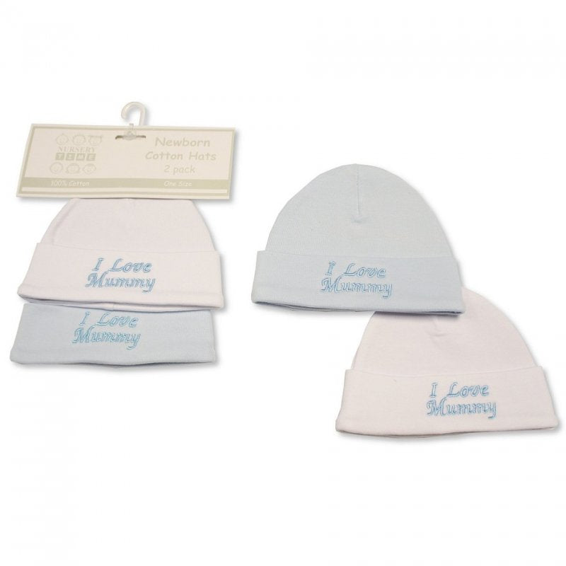 Twin pack of baby boys cotton hats embroidered with I love my mummy