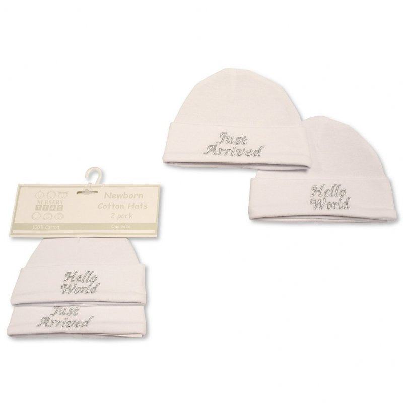 Twin pack of baby unisex cotton hats embroidered with hello world and just arrived