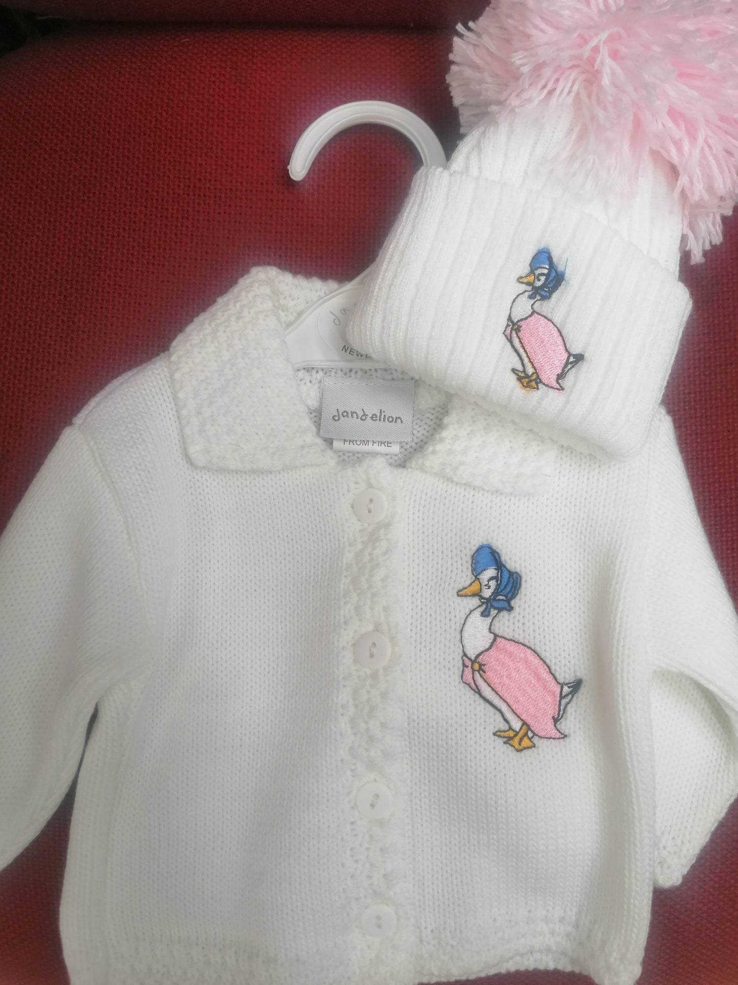 Dandelion boys or girls cardie set with pom hat embroidered with peter rabbit or jemima puddle duck