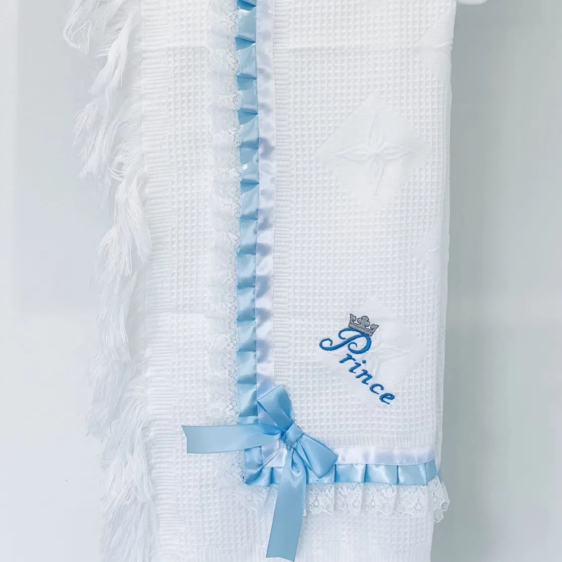 Boys or girls lace ribbon embroidered shawl / blanket with prince or princess