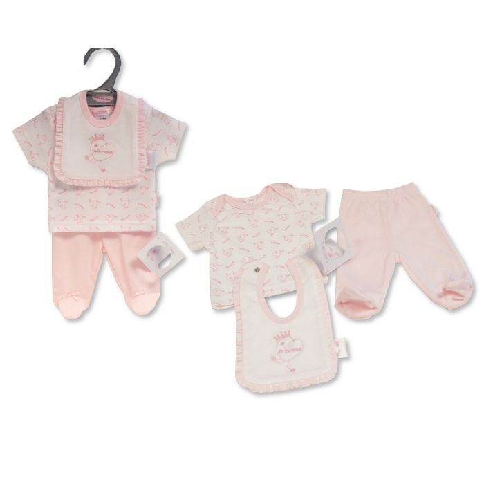 Baby girls premature 3 piece set with pants t shirt and bib with princess embroidery