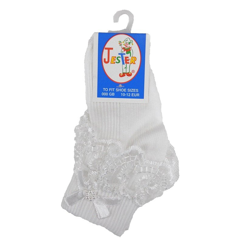 Girls frilly lace ankle socks with bow 8 sizes from premature to adult size 6