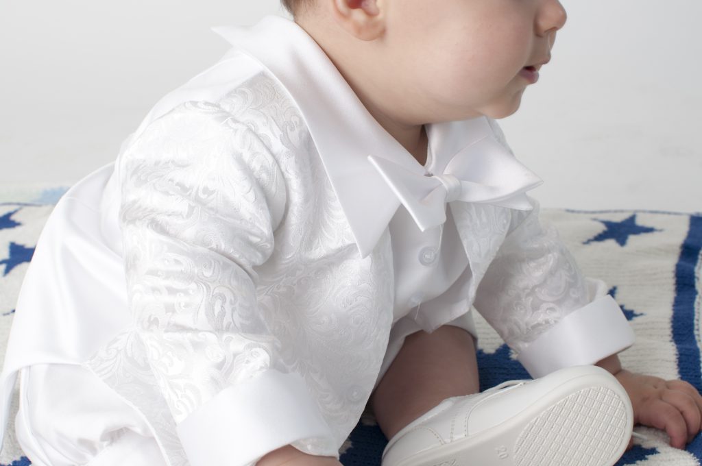 Boys Paisley pattern christening romper with jacket colour white