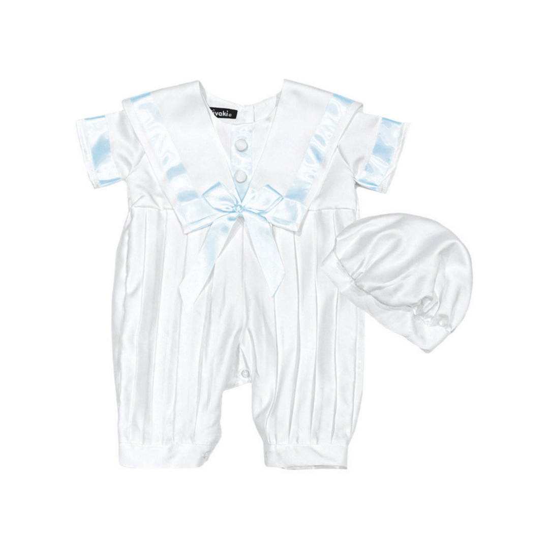 Boys sailor pleated style christening romper with hat colour white / blue